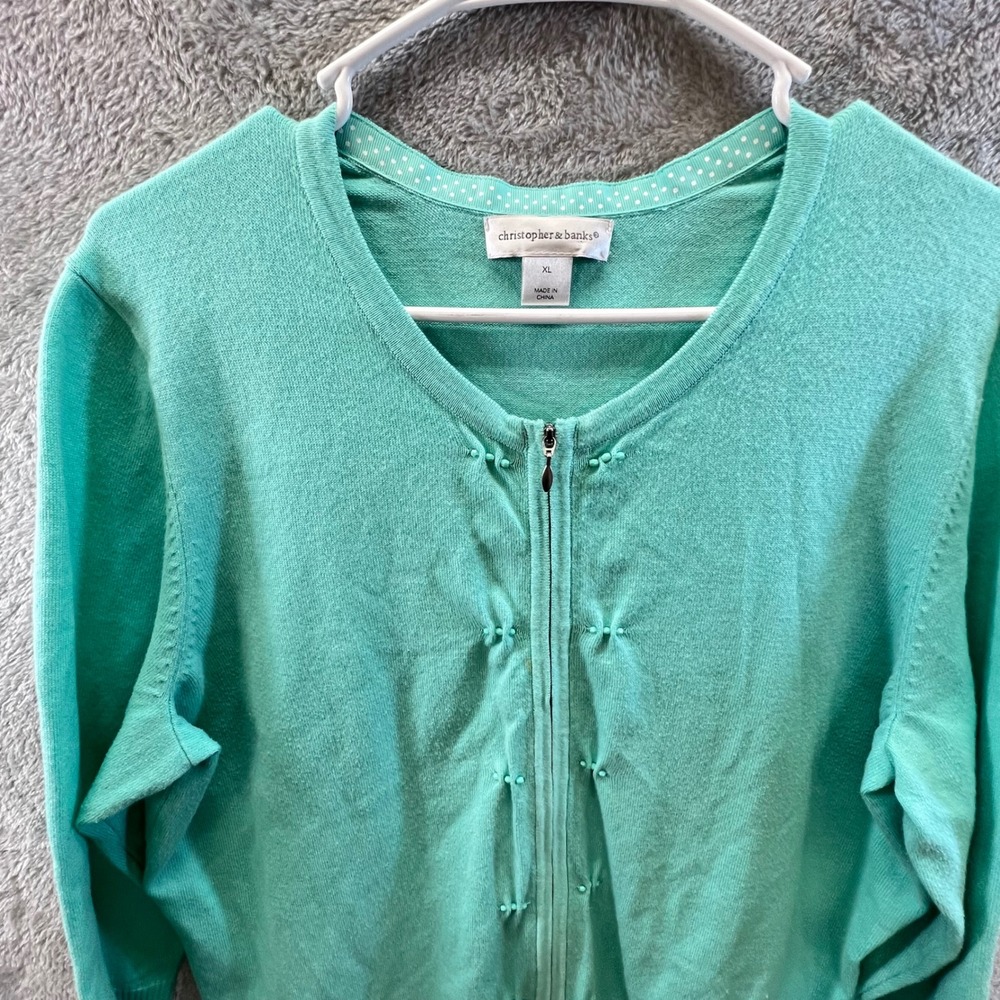 Christopher & Banks XL Mint Green Zip Front Beaded Cardigan‎ Grandmacore